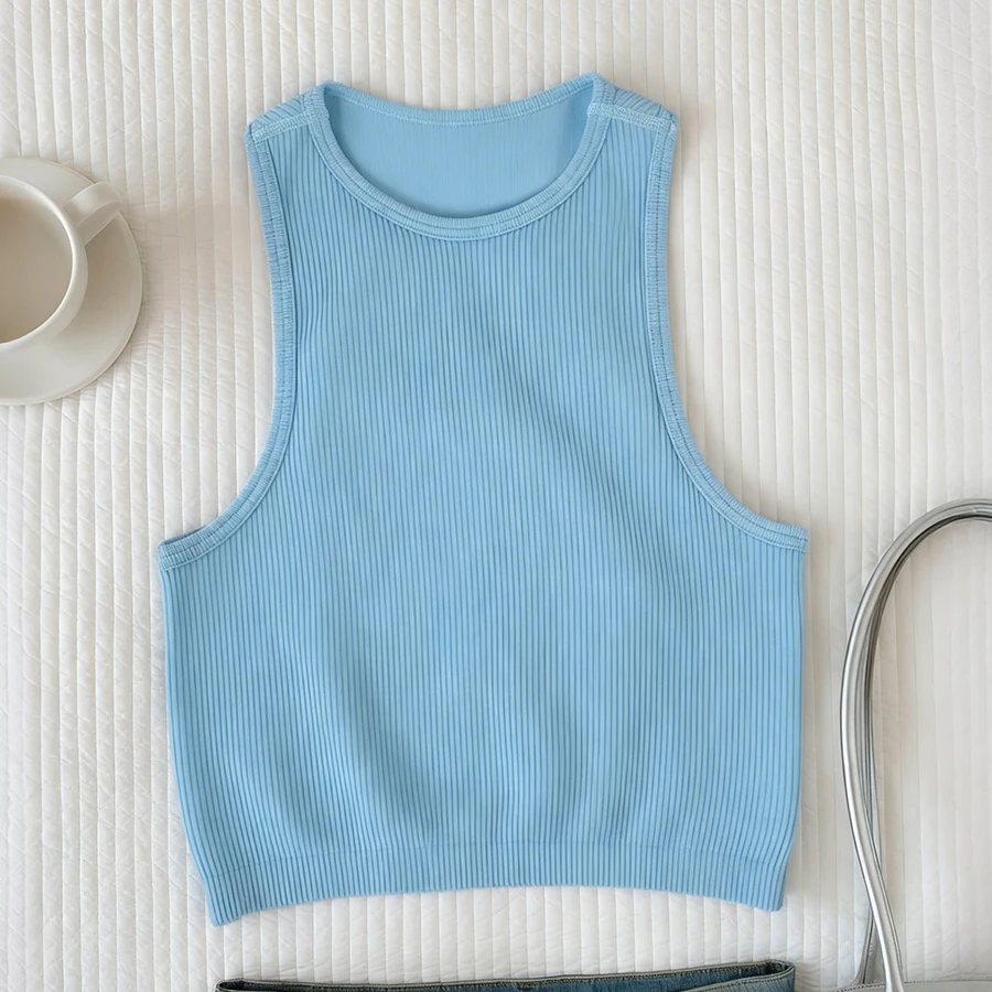 Damen Casual Basic Ärmelloses Geripptes Crop Tank Top Sommer Lässiges Enganliegendes Unterhemd Einfarbig Rundhals-Camisole