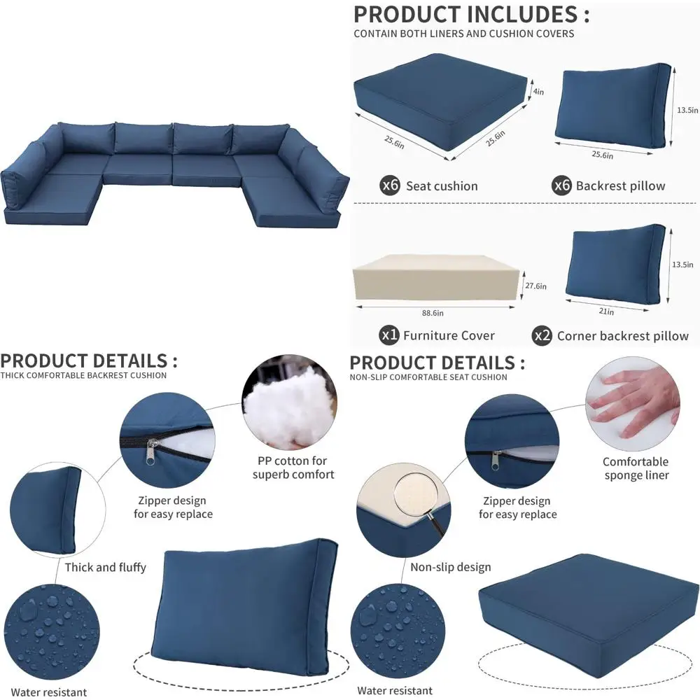 14-piece water-resistant outdoor sectional cushion set for 6-seat rattan patio furniture
