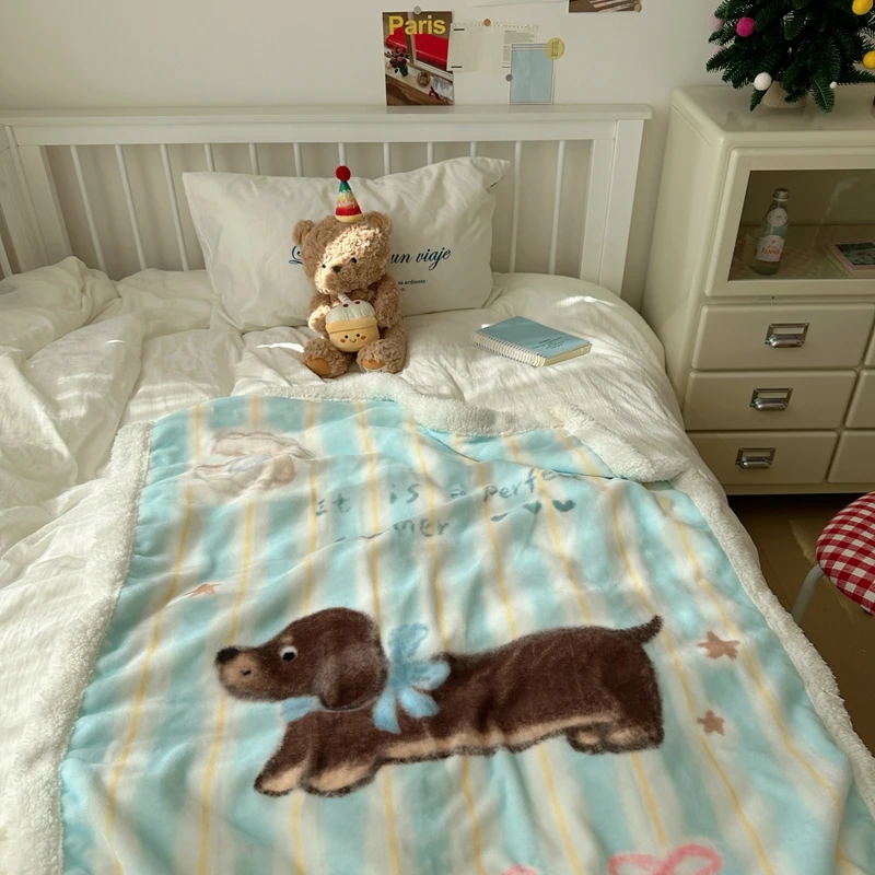 Cartoon Dachshund Blanket, Cute Animal Themed Home Office Nap Blanket, Boys and Girls Blue Striped Design Thick Throw Blankets