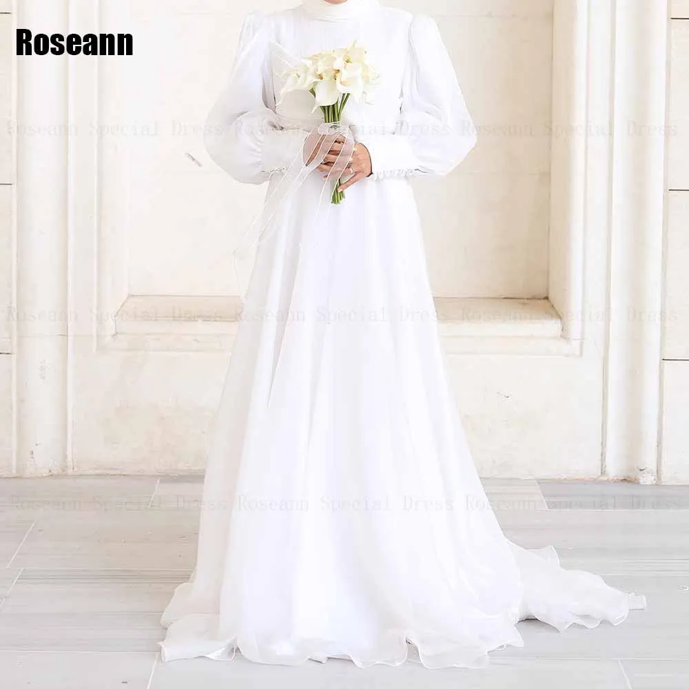 Muslim High Collar A-line Wedding Dresses Button 2024 New Brush Train Full Draped Pleat Floor Length Bride Dress robe de mariée