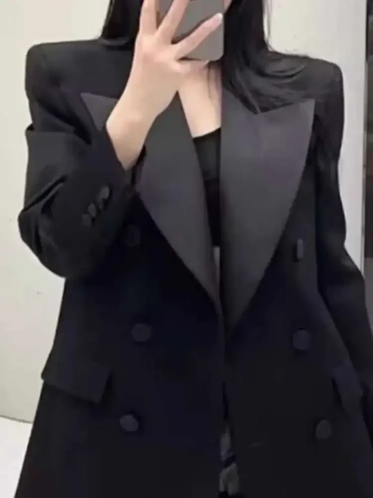 Elegant Blazer Coat European Style Lapel Double Breasted Black All Match Mid Length Jacket Women Spring Autumn 2025 New
