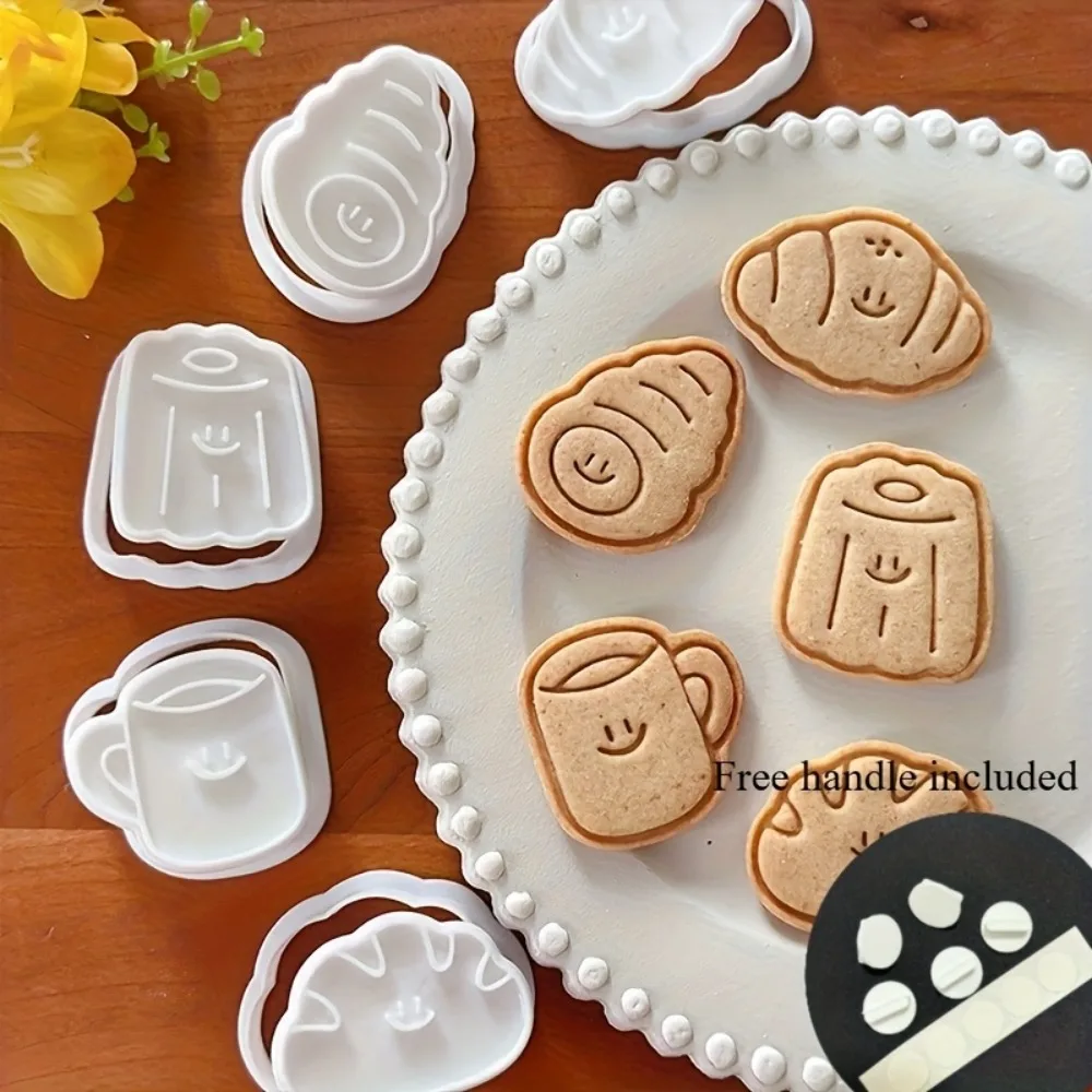 5Pcs Cute Smile Bread & Coffee Cookie Cutter Set  Adorable Croissant Mug Bread Mold Plastic Fondant Stamp for DIY Baking Pastry
