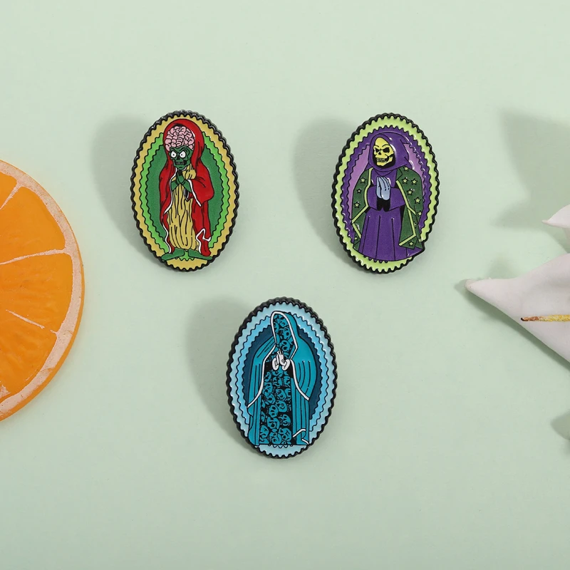 Pins de Esmalte de Cosplay da Virgem Maria, Personagens de Filmes de Terror de Halloween: Skeletor, Monstro com Capuz Roxo, Crachá de Lapela Boches, Presentes de Joias