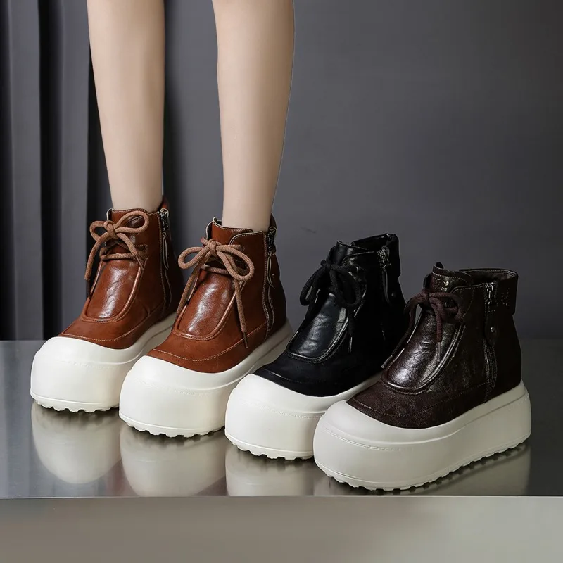 2026 Hot Selling New Lace Up Design Round Toe Thick Soled Women Boots Fashion Trend Solid Side Zipper Casual Women's Ankle Boots