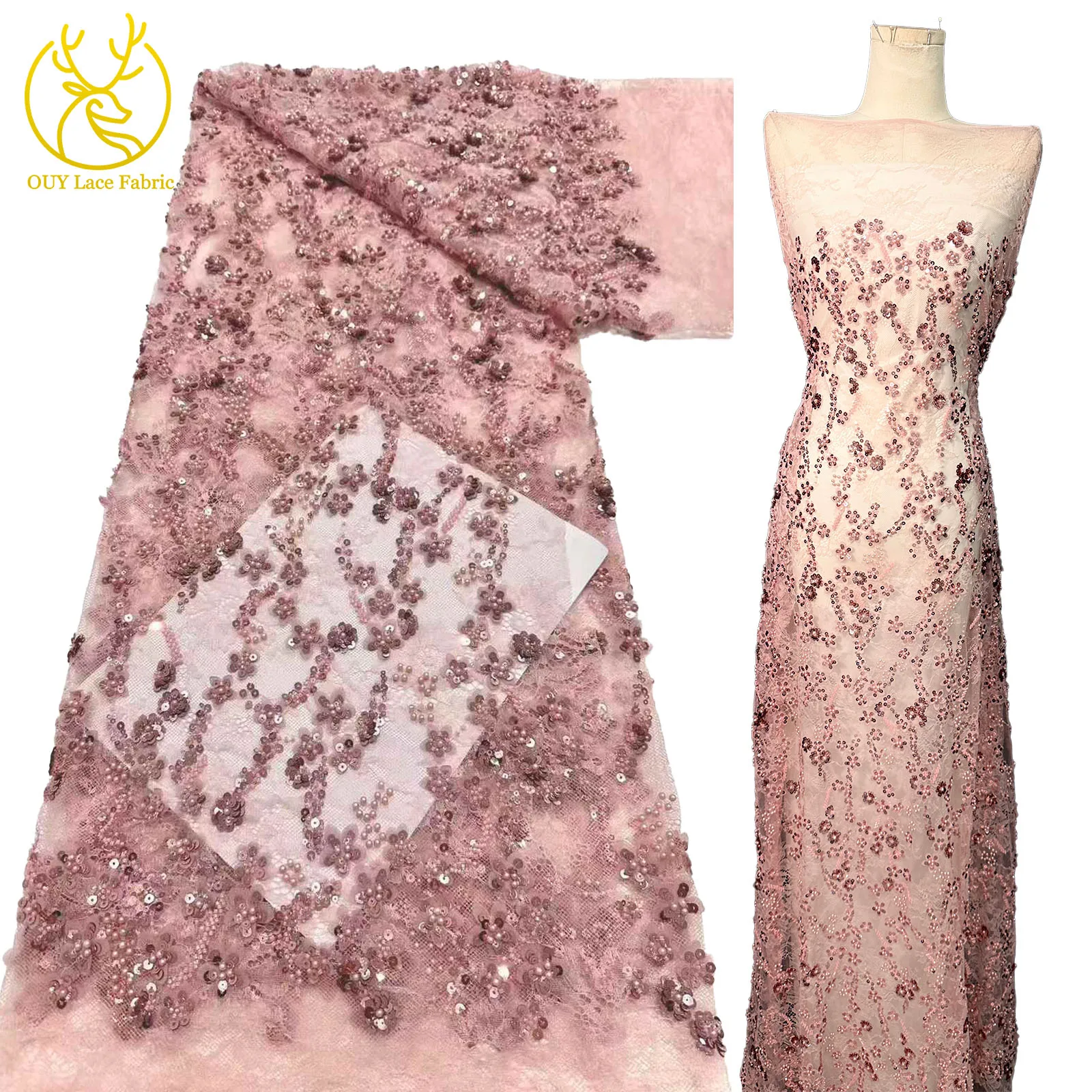 

Peach Beautiful Beaded Lace 2025 French Handmade Beaded Sequins Fabric African Nigerian Bridal Lace Fabric For Dinner Dresses