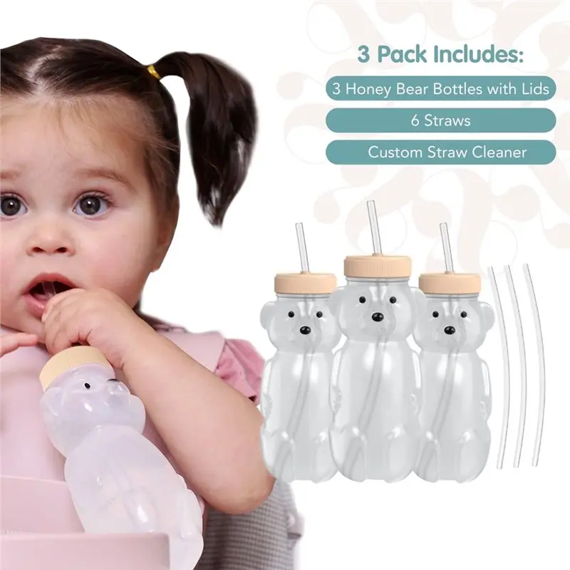 A84F-Therapy Learning Honey Bear Straw Cup, 8-Oz Honeybear For Babies With Lid, 3-Pack Baby Bottle Set