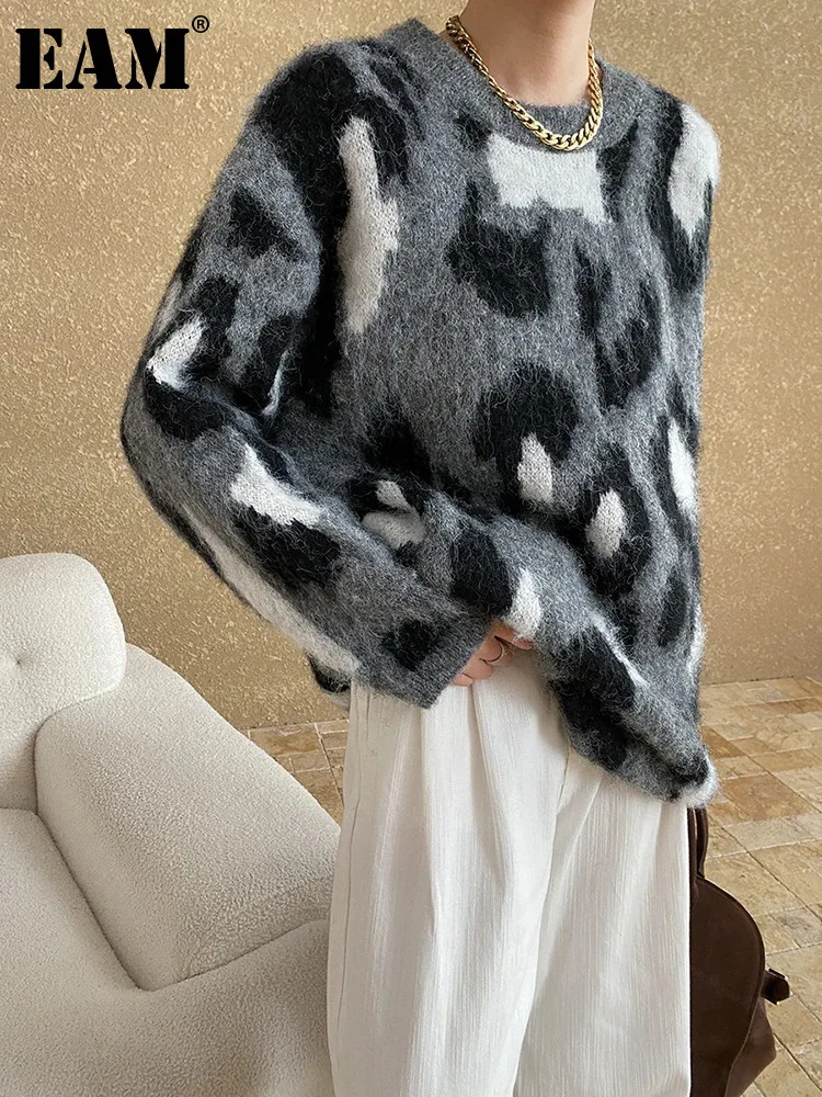 [EAM] Gray Leopard Big Size Knitting Sweater Round Neck Long Sleeve Women Pullovers New Fashion Tide Spring Autumn 2024 1DH7968