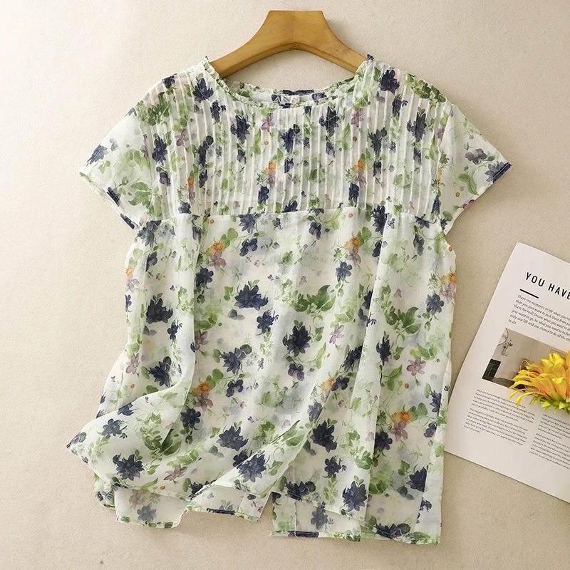 

Two Sides Wear Vintage Floral Printed Boho Shirts Blouse Women Ruffle Stand Collar Pleated Cotton Linen Summer Tops White Blue