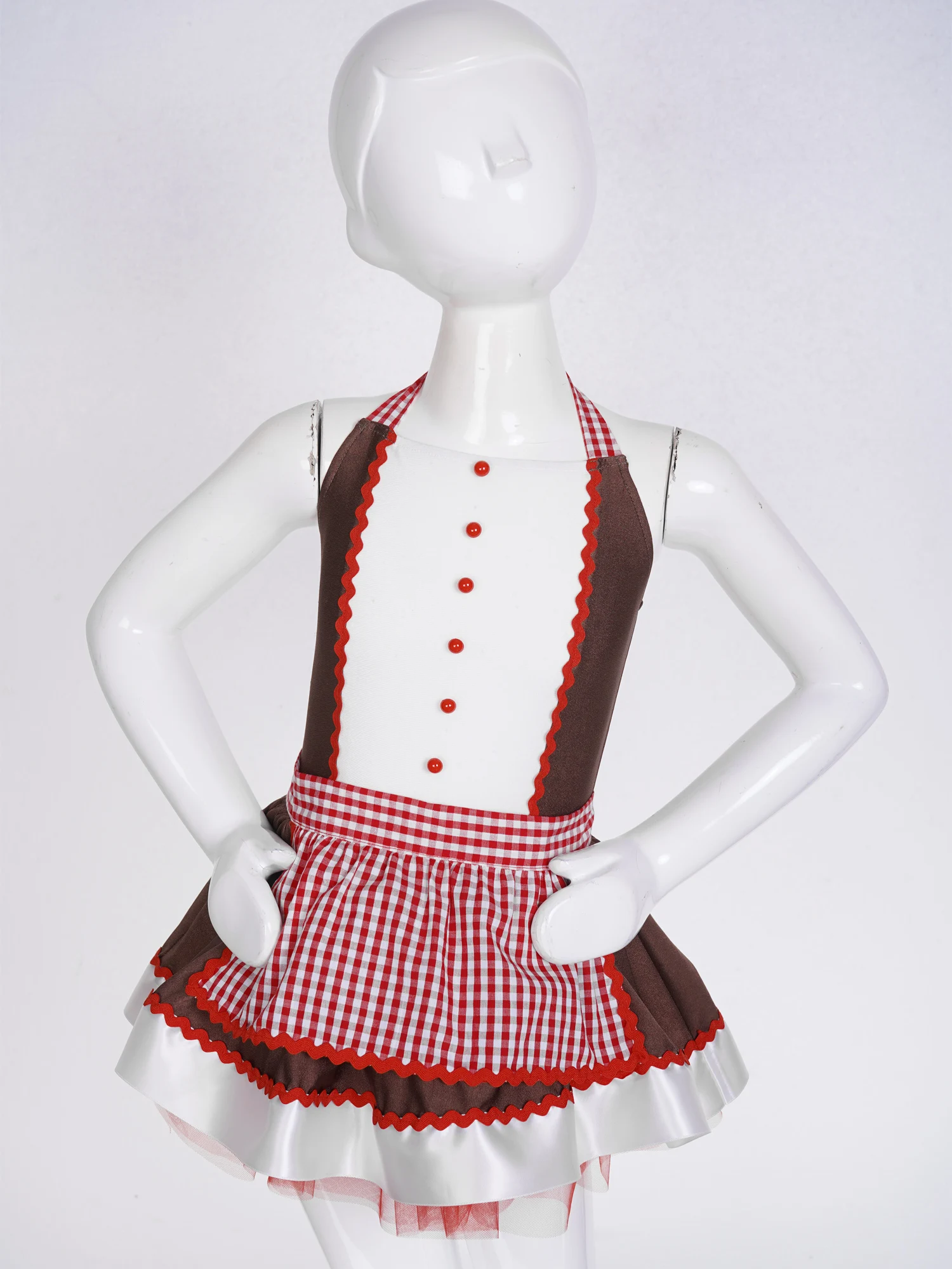 Kids Girl Gingerbread Costume Christmas Halter Neck Sleeveless Plaid Apron Dress Maid Cosplay Party Dance Dresses Figure Skating