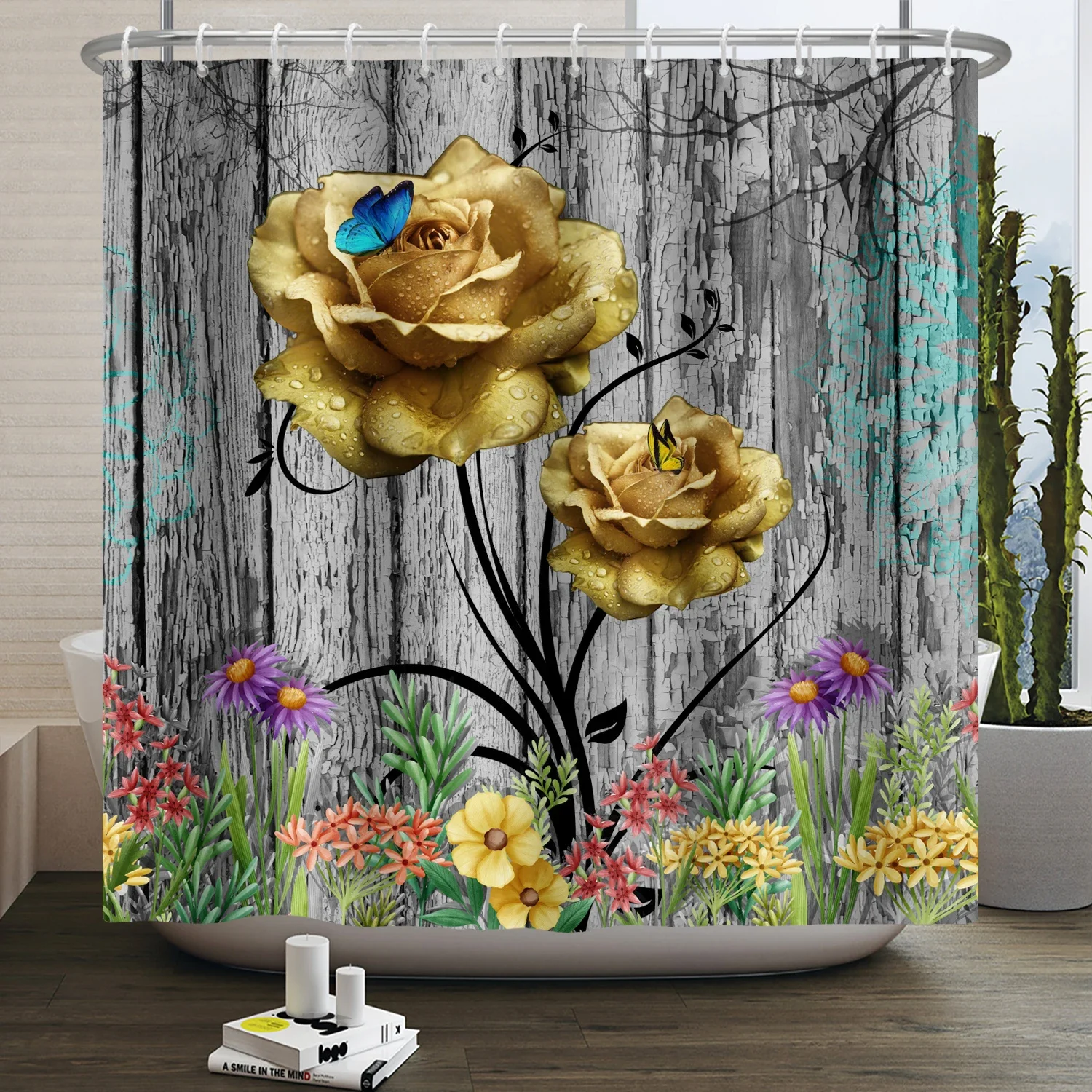 Rustic Sunflower Daisy Shower Curtain Butterfly Floral Vintage Country Farmhouse Flower Wooden Board Waterproof Bathroom Curtain