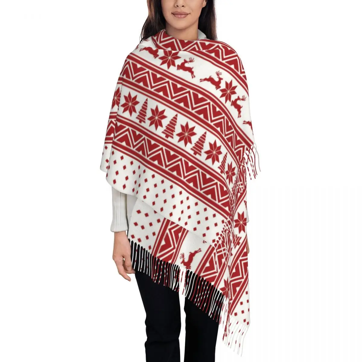 Christmas Reindeer Shawl Wrap for Womens Winter Warm Single-sided Pattern Scarf Nordic Snowflake Deer Pashmina Shawl Scarves