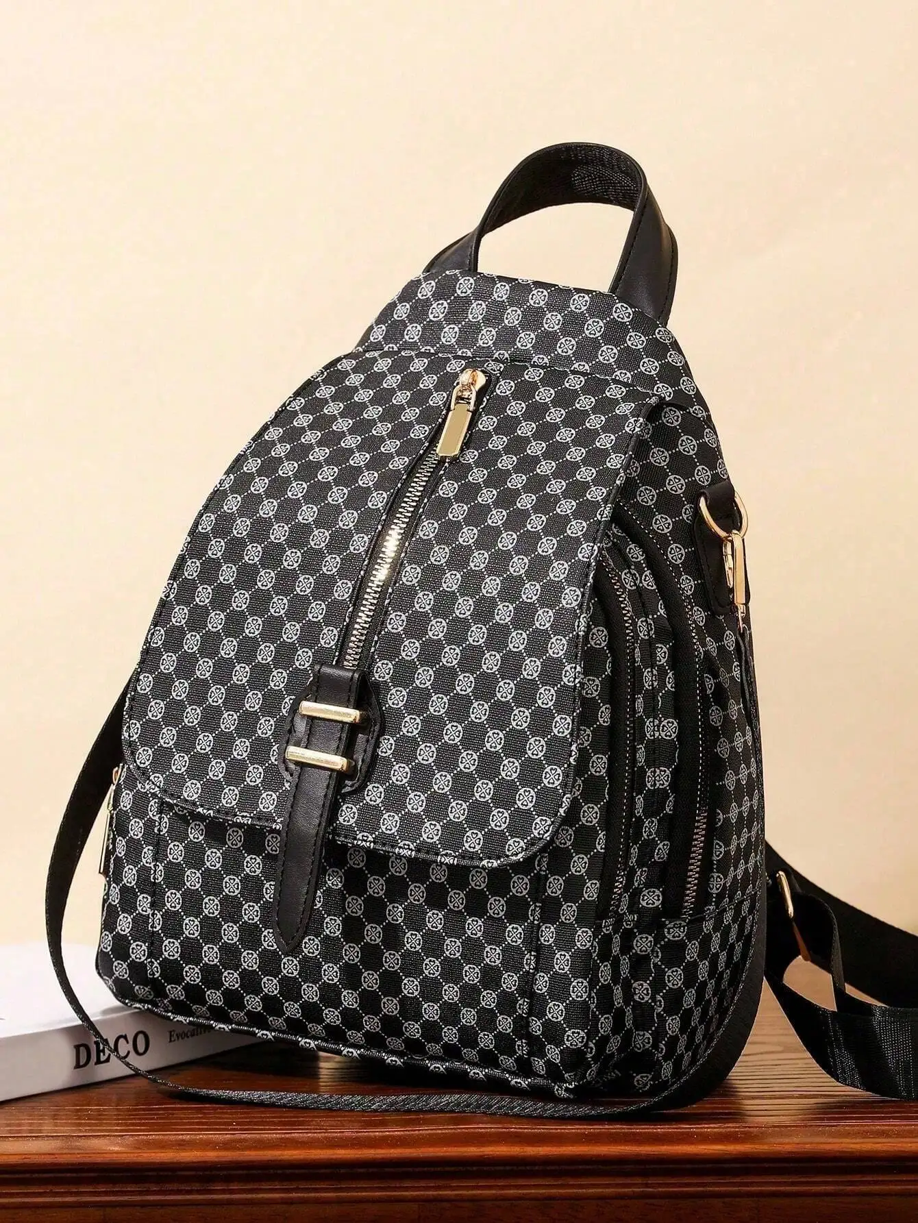 Vintage Classic Print Backpack For Women, Business Casual PU Leather Commuter Computer Backpacks, Single Shoulder Dual-Use Water