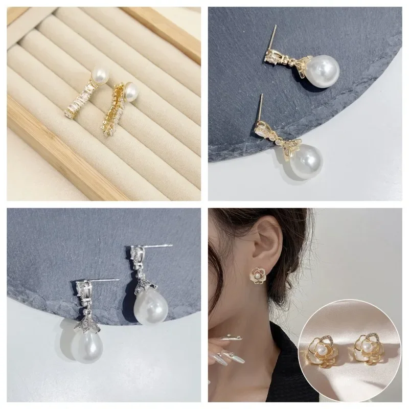 

S925 Silver Needle Light Luxury Niche Full Diamond Leaf Long Earrings New Versatile Temperament Pearl Earrings