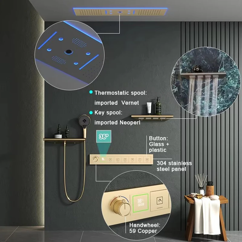 2026 Tik Tok Ceiling 36*12inch Rain&Waterfall LED Shower Head With Music System Bathroom Thermostatic LED Shower Faucet Set