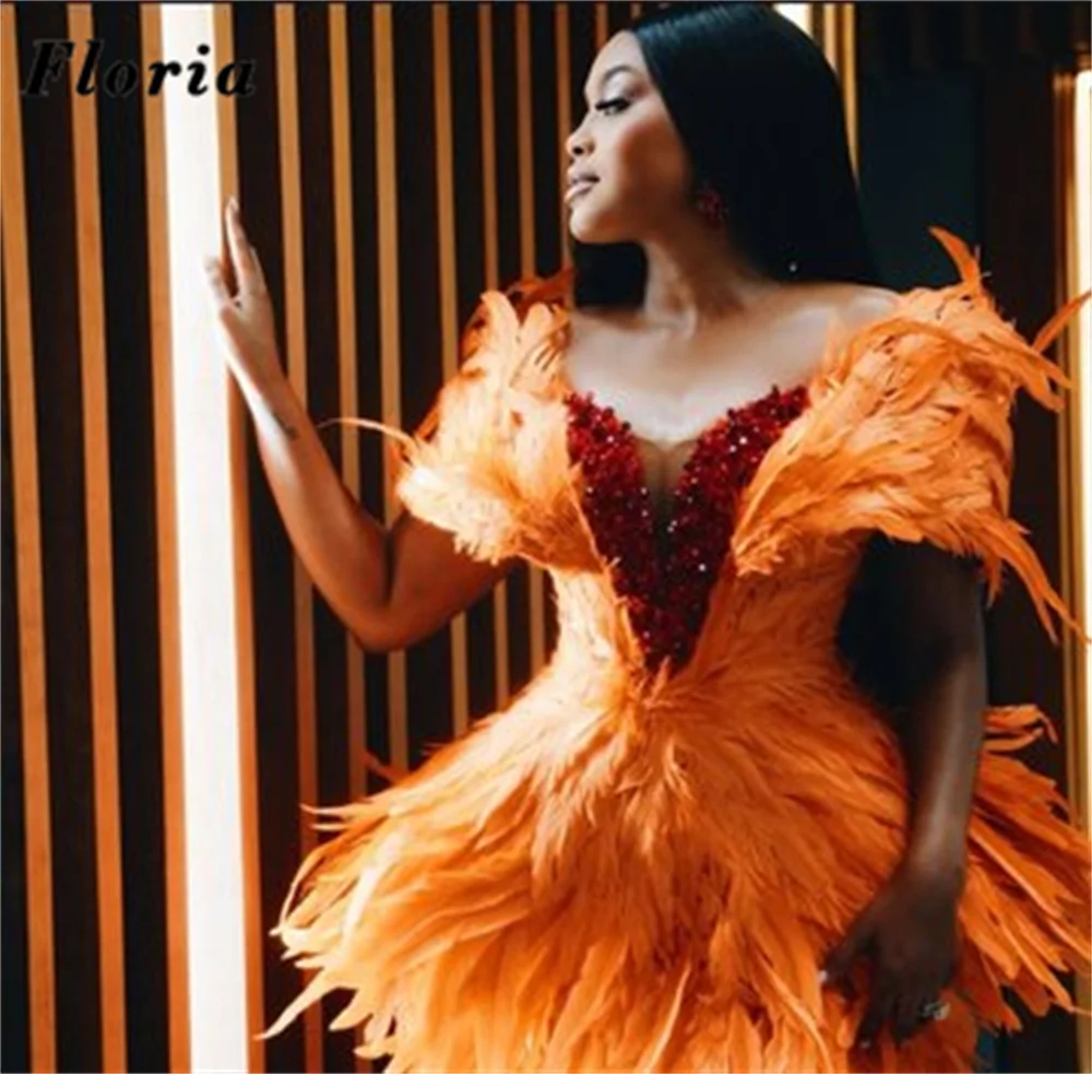 Luxury Full Long Feathers Evening Dresses Customized Beaded Mermaid Prom Dress Birthday Engagement Party Gowns Vestidos De Cócte