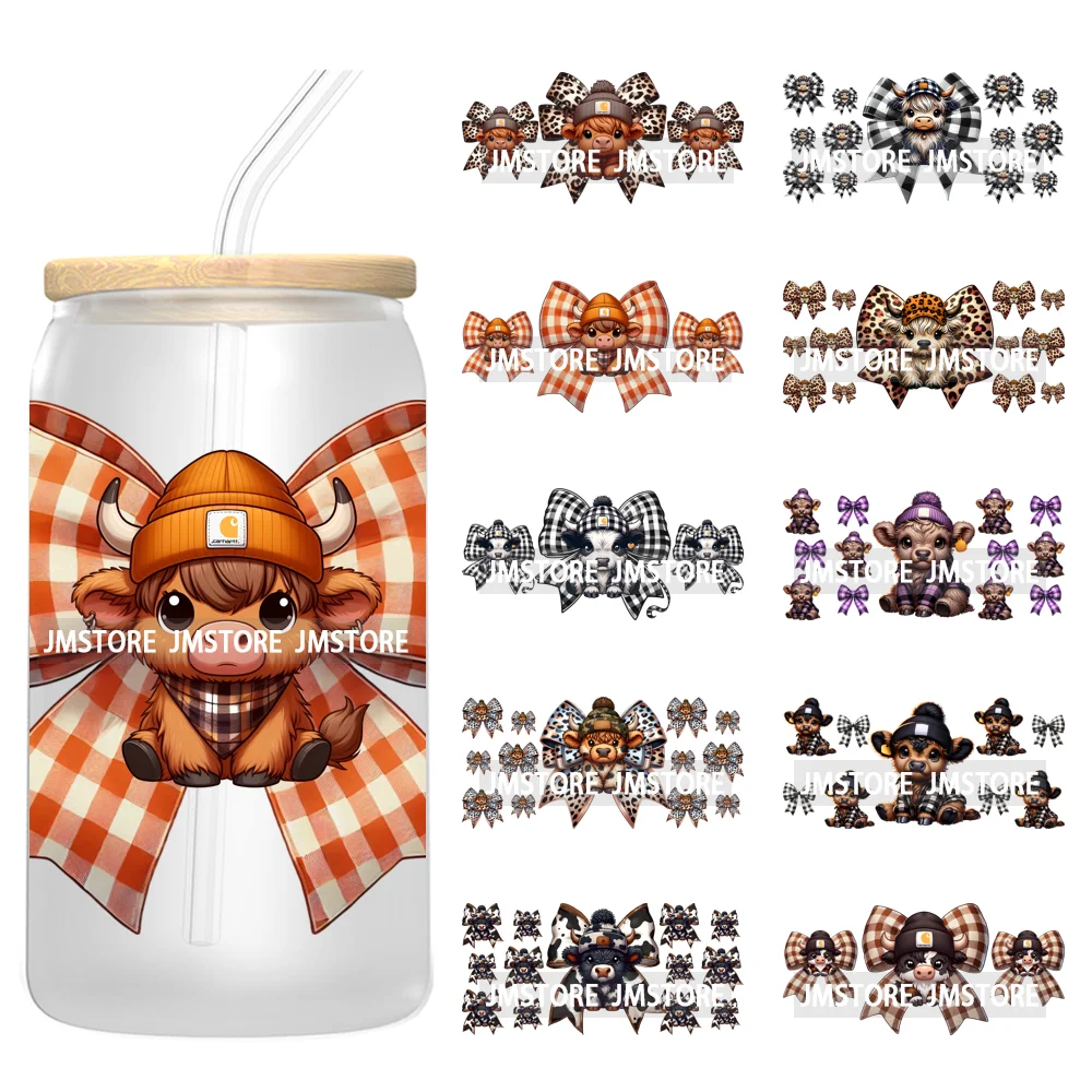 

Western Highland Cow Plaid Cowhide Coquette Bow 16OZ UV DTF Cup Wrap Transfer Stickers Waterproof Labels For Libbey Glass Can