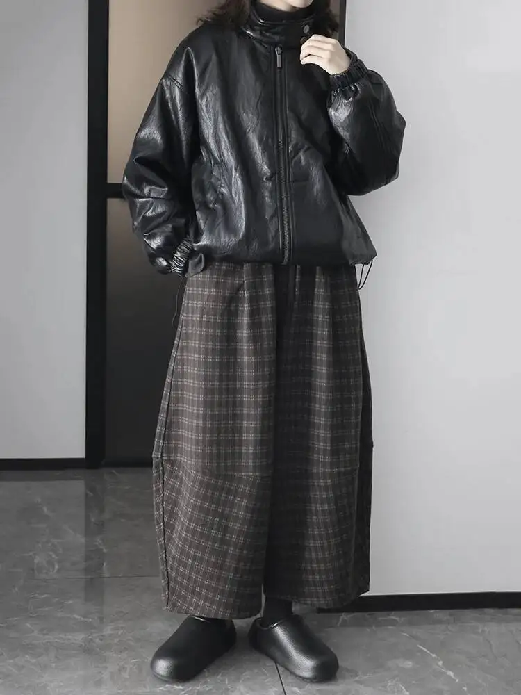 مرونة عالية الخصر الأسود منقوشة عادية سميكة واسعة الساق السراويل الجديدة بنطلون المرأة موضة المد الخريف الشتاء