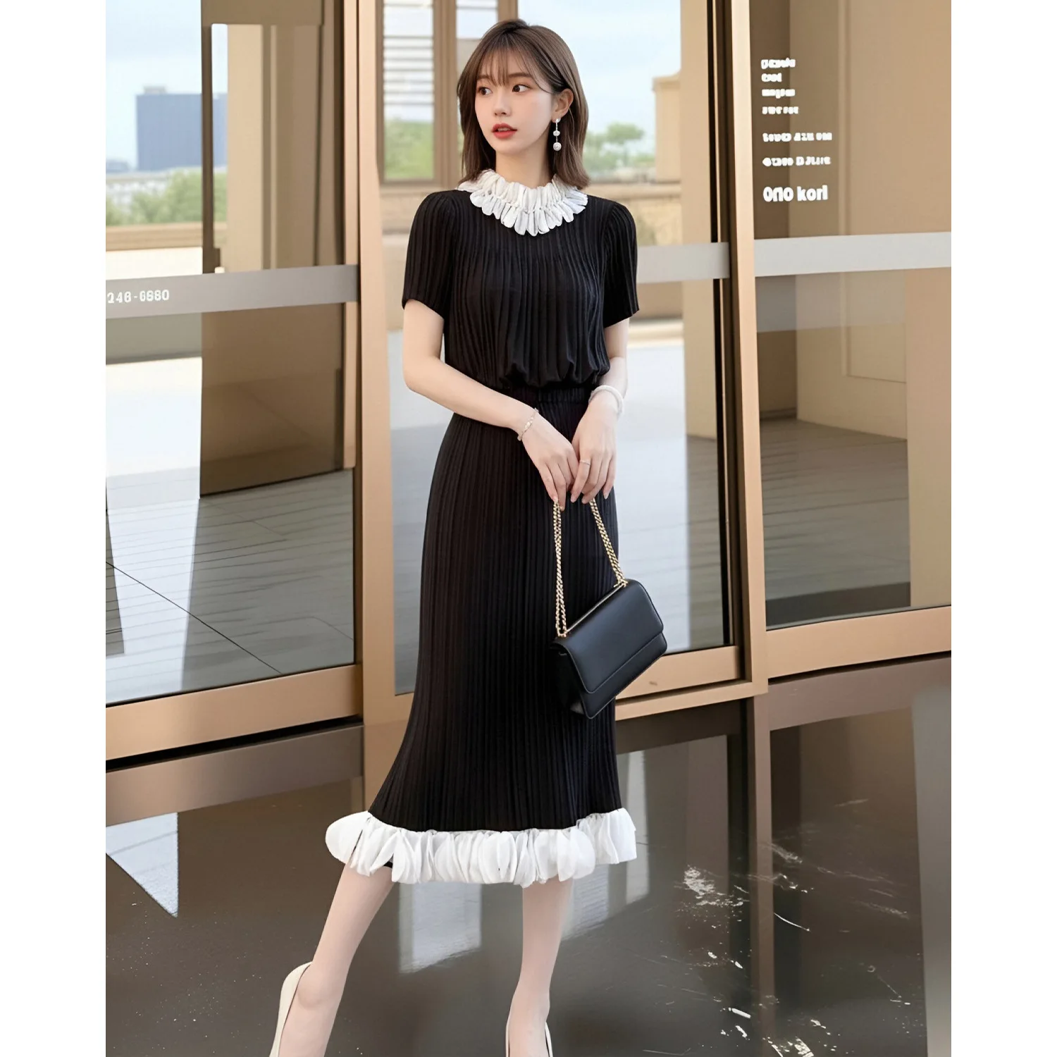 Miyake Colorblock Design Women's Ruffle Collar Short Sleeve Dress Fashion Niche Fake Two Pieces Summer Famale Clothing