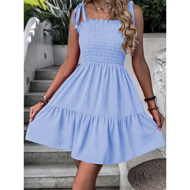 

YQ1-Off-shoulder Solid Color Dress Summer New Pleated Design Dress