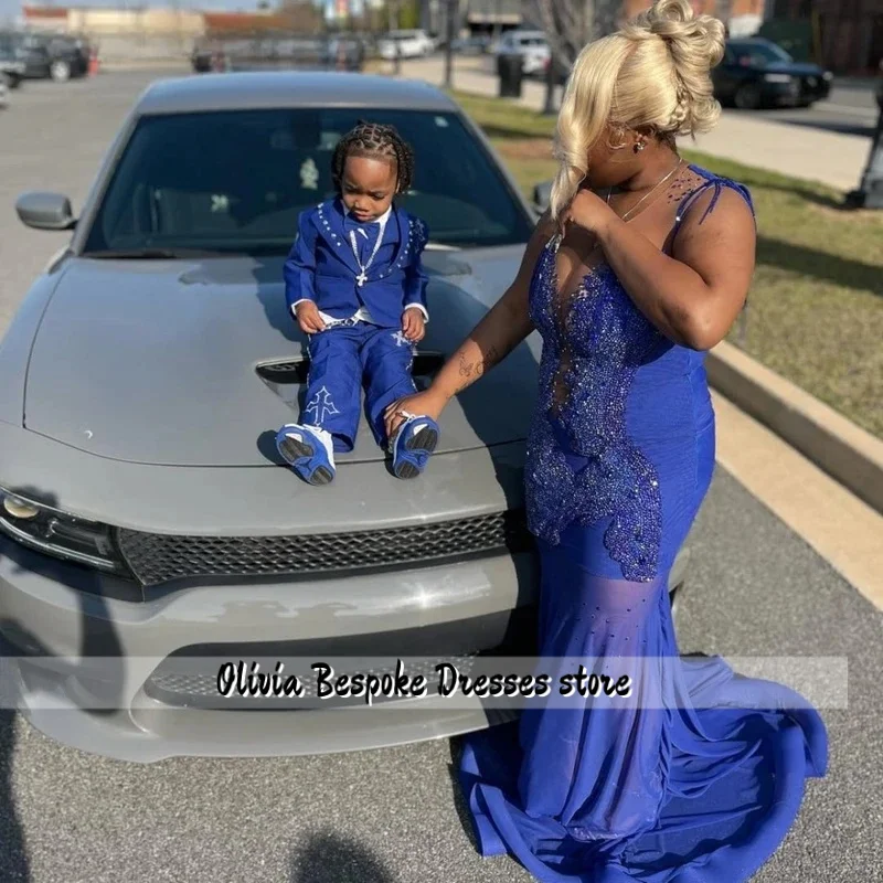 Personalizado glitter azul real sereia vestido de baile preto meninas rendas apliques cristal frisado vestido de festa de aniversário