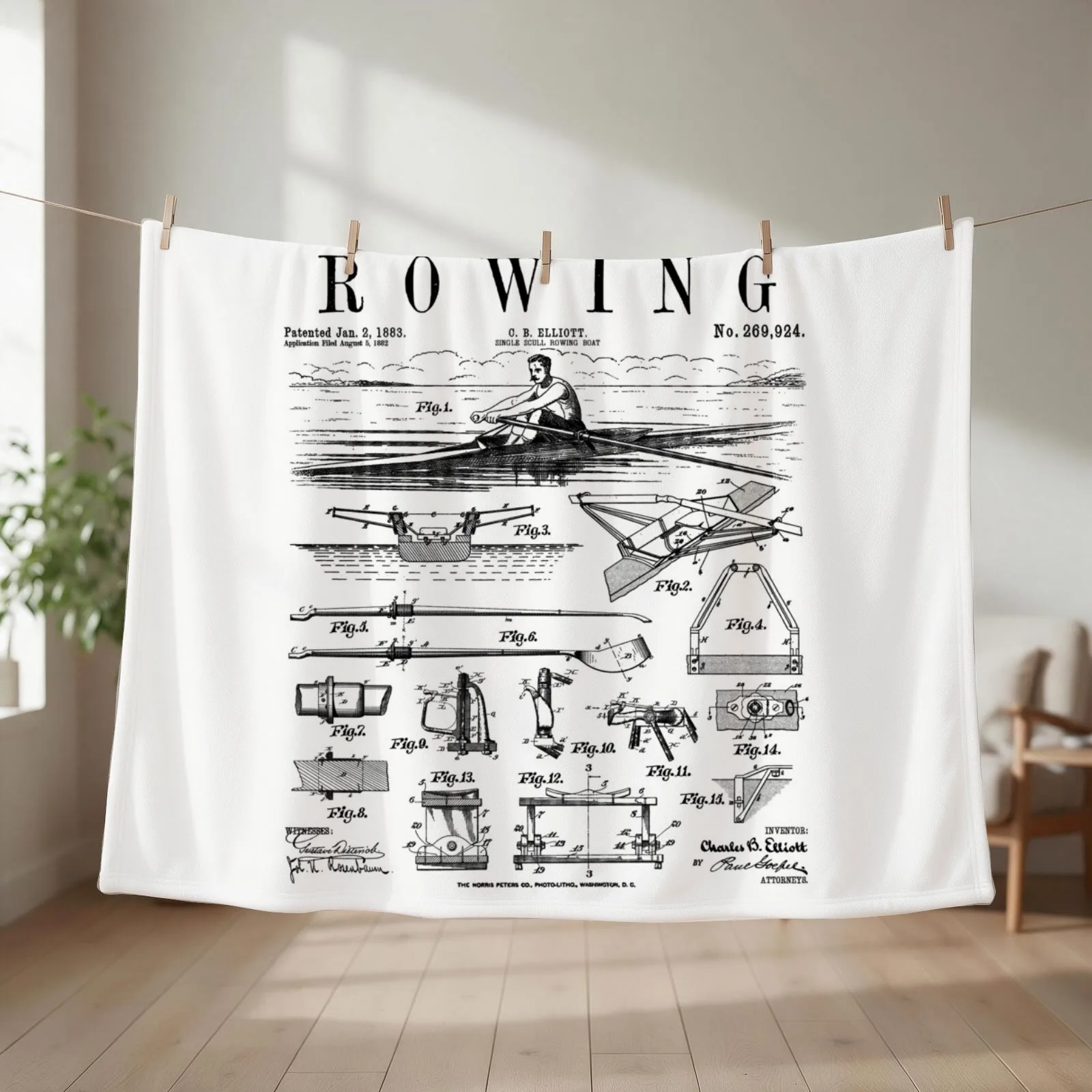 Rowing Sport Rower Sculling Single Scull Boat Vintage Patent Throw Blanket couch cozy soft plush fuzzy picnic outdoor blanket
