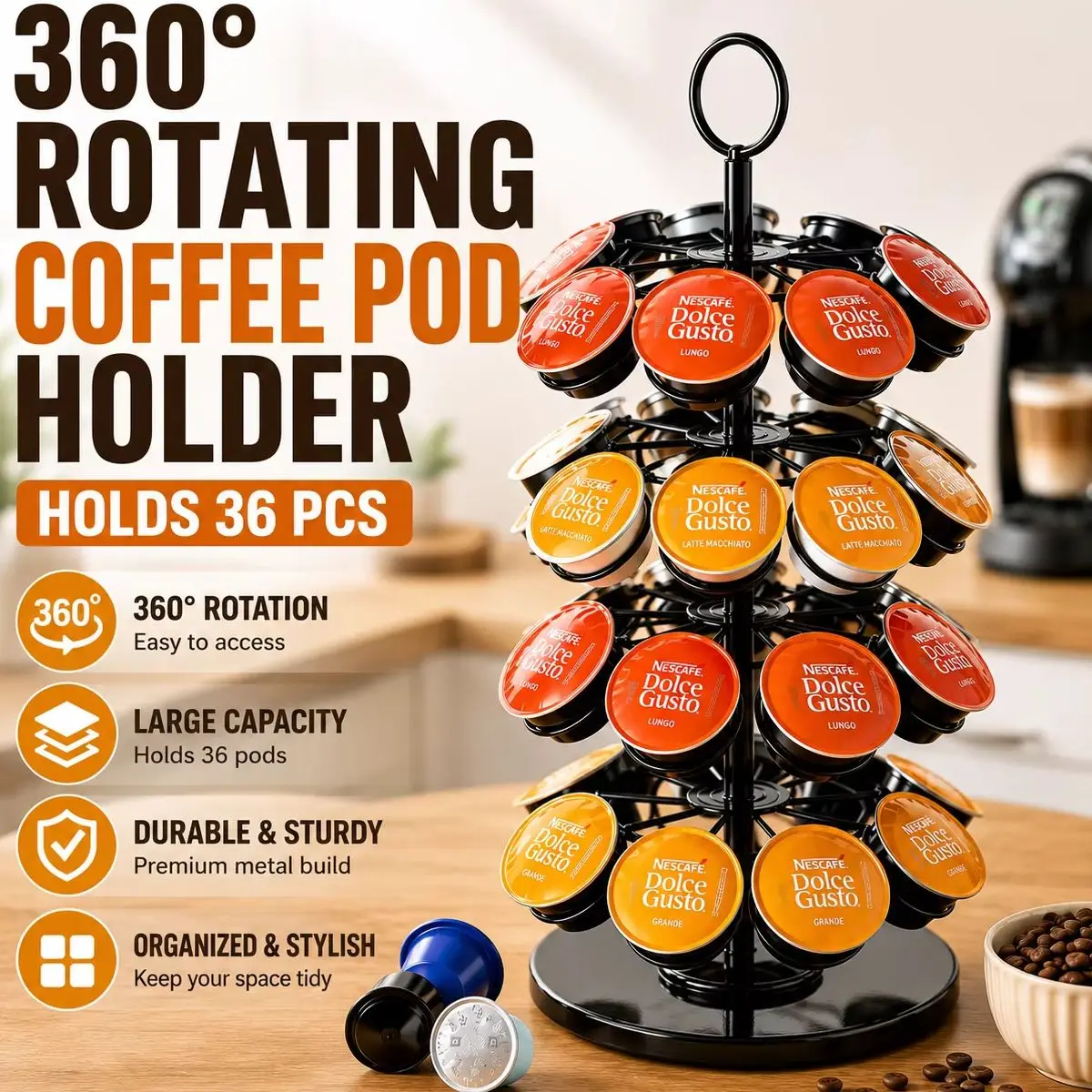 Metal 360° Rotating Coffee Pod Holder for Dolce Gusto Capsules, 4 Tier Metal Storage Rack Holds 36 Pods Organizer
