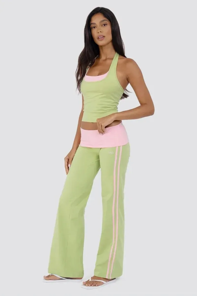 Y2K Green Cotton Foldover series activewear Millennial Style Hot Girl Contrast Pink Color Block Casual Streetwear Matching Set