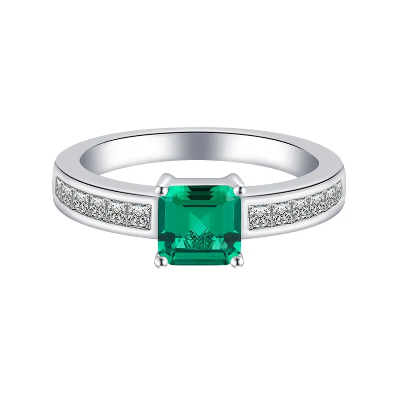 S925 Silver Ocean Blue Treasure Grandmother Green Small Square 2 Carat Simple Ring Main Stone 6 * 6