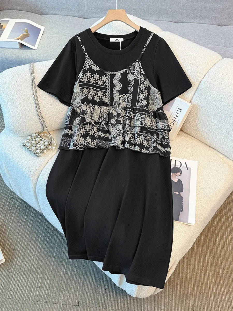 

Летнее платье больших размеров (150 кг+), имитация двух частей, с коротким рукавом, размеры 5XL, 6XL, 7XL, 8XL, 9XL, обхват груди 157 см