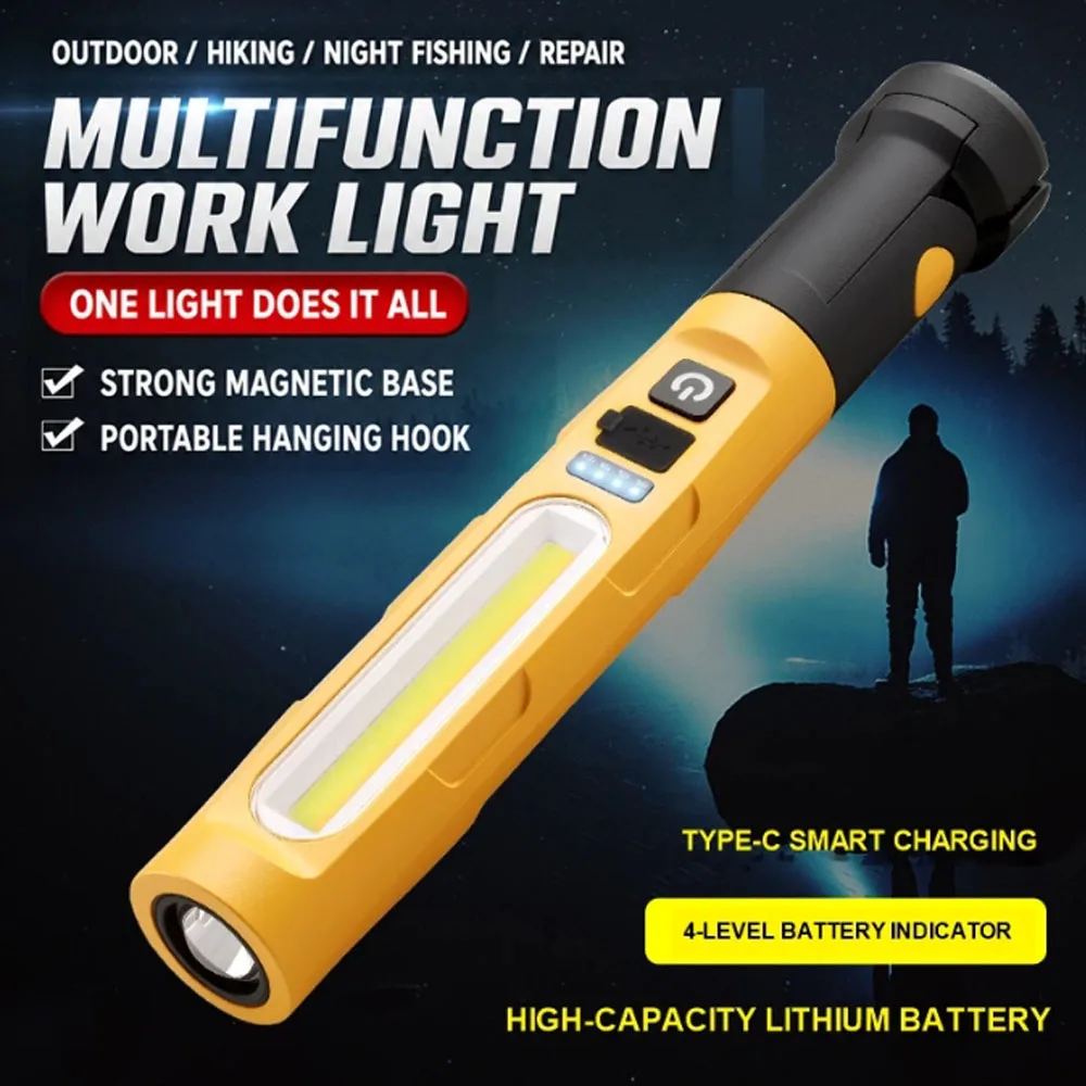 Rechargeable COB LED Work Light Portable Magnetic Inspection Flashlight with Power Display for Car Repair Garage Emergency