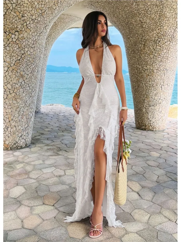 

Bohemian Lady Solid Color Dresses Deep V Halterneck Off-shoulder Slit Mid-waist Robe Holiday Party Prom Beach Daily Office Dress