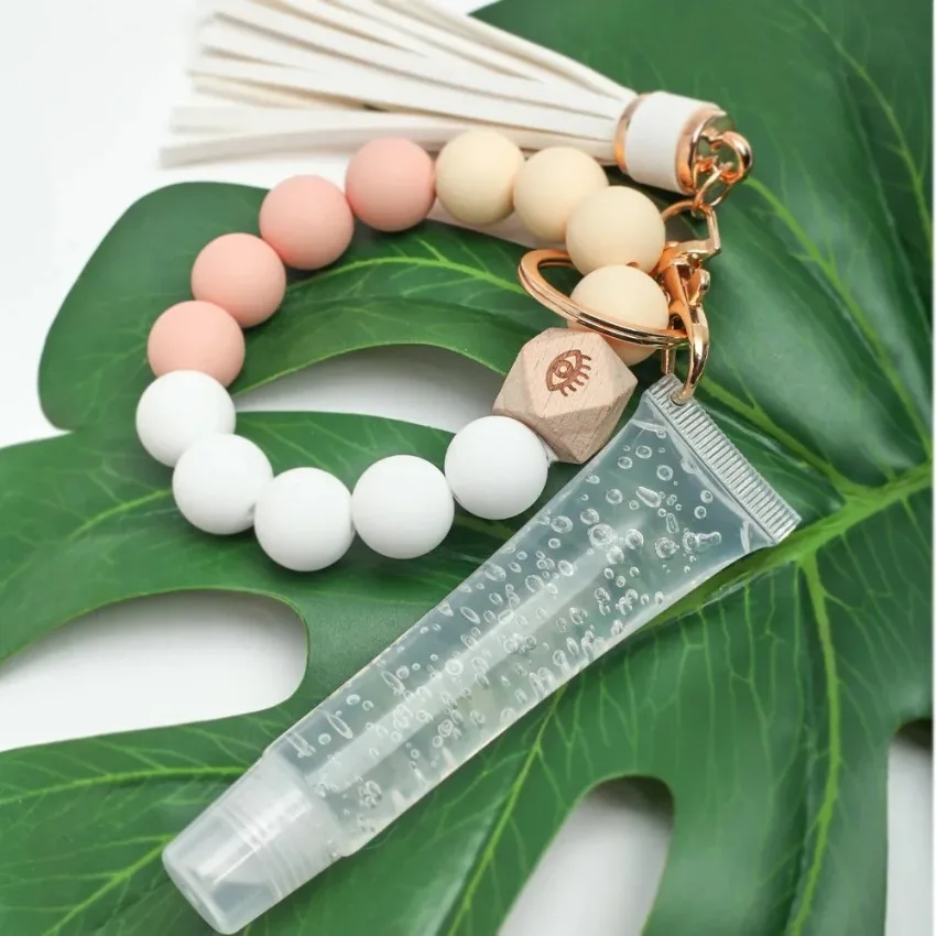 LLavero de pulsera de cuentas de silicona de 8 colores, Etiqueta Privada, aceite labial, hidratación, larga duración, fácil de usar, maquillaje personalizado a granel