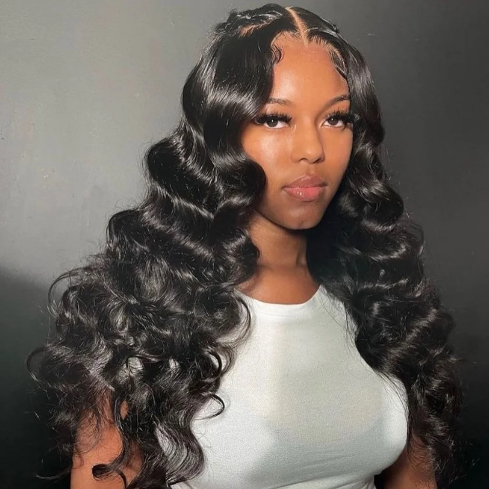 15A スーパーダブルドローン ルーズウェーブ 13x4 13x6 本物のHDレースフロント グルーレスウィッグ ナチュラルブラック カール 100%人毛ウィッグ 女性用