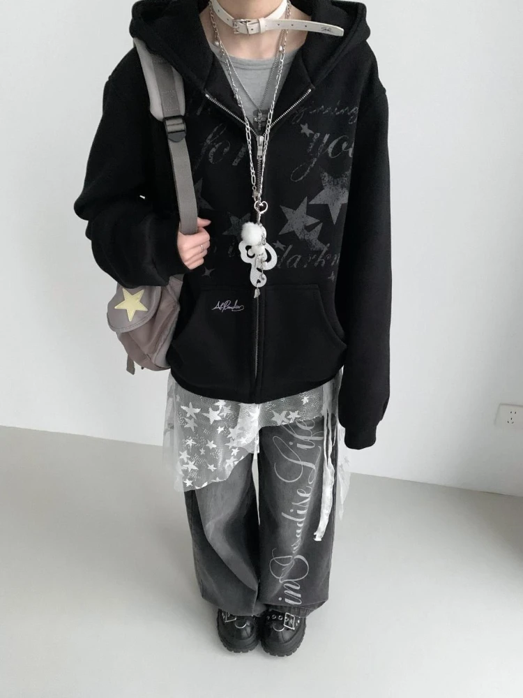 American Streetwear Long Sleeve Hooded Jacket Women Casual Vintage Coat Y2k Retro Letter Print Zipper Sweet Slim 2025 Autumn