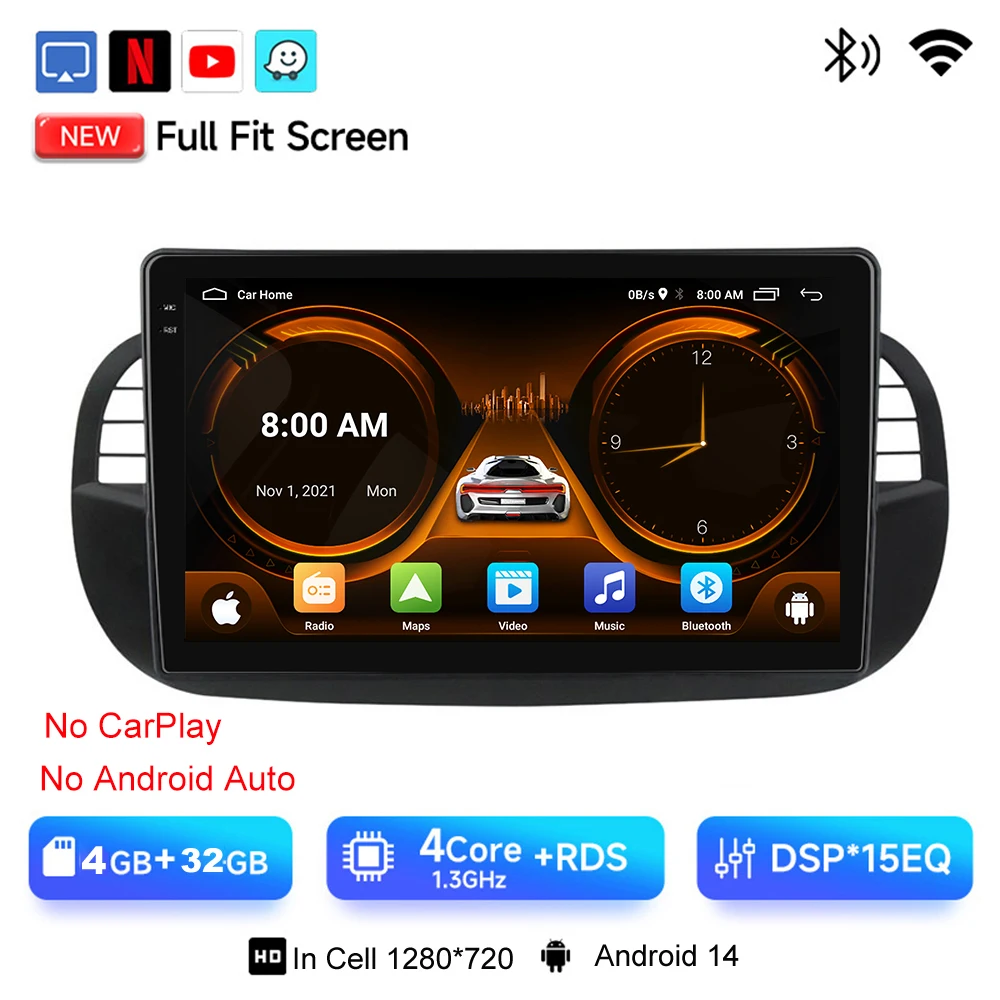 JIUYIN 9 "Android 15 Autoradio Voor FIAT 500 2007-2015 Multimedia Draadloze CarPlay Android Auto GPS Navigatie 4G Stereo Scherm