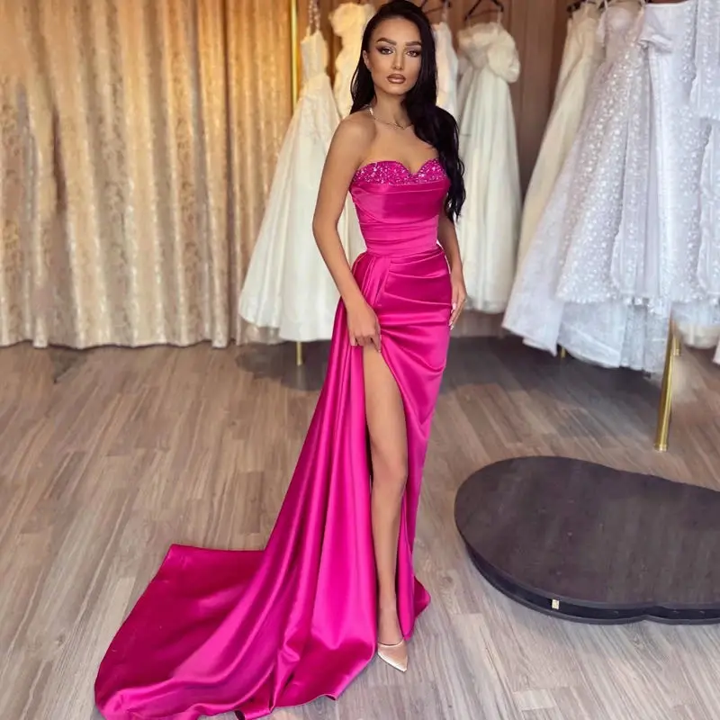 

Beaded Custom Made Mermaid Evening Dresses Off Shoulder Pleat Backless Elastic Prom Dress Sexy High Side Slit Bride Party Gowns