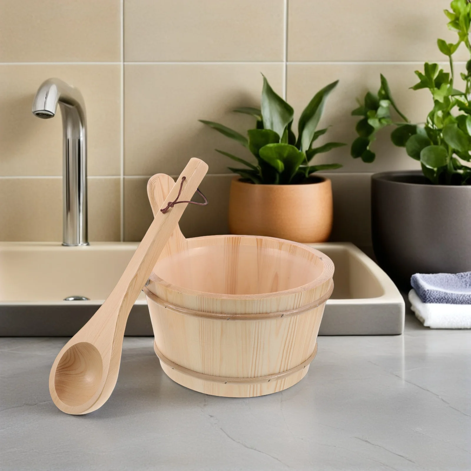 

1Set Sauna Bucket 4L Solid Wood with Inner Liner Natural Finish for Home Spa Steam Room Foot Soak Bath Accessory Set