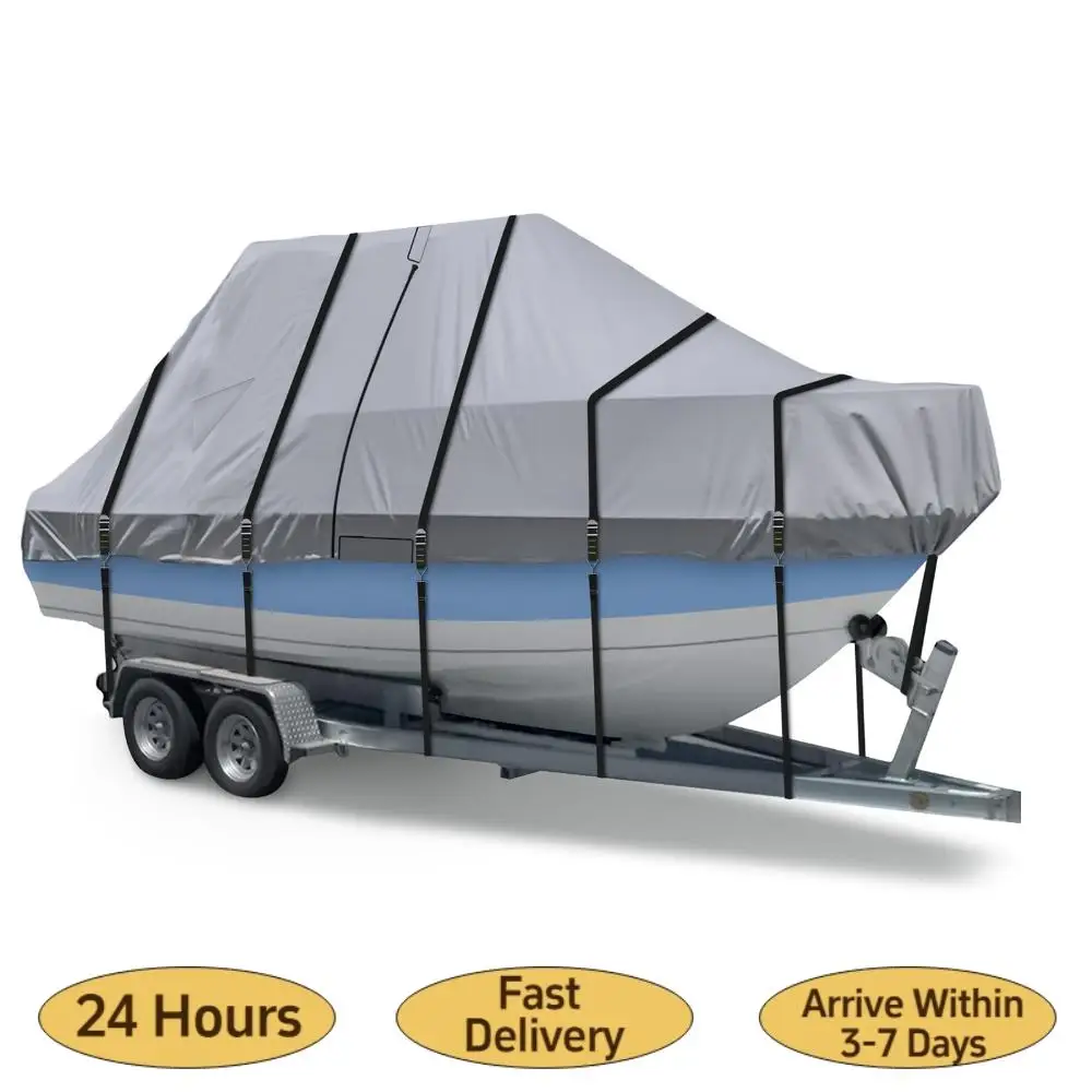 

1200D Trailerable Center Console Boats Covers with 18 Tie Down Strap UV-Proof Fits V-Hull/Fish&Ski/Pro-Style/Fishing/Runabout