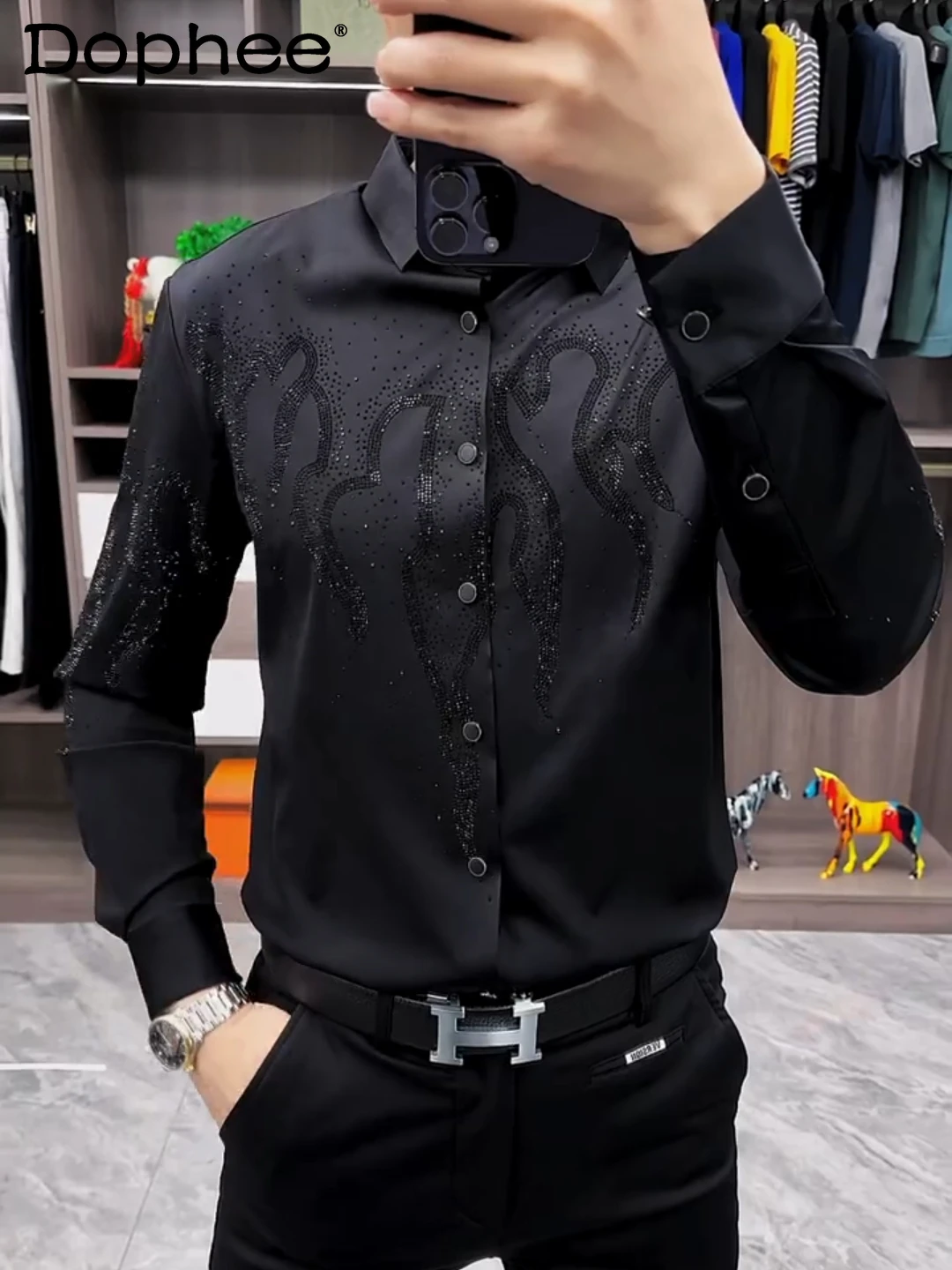 Camisas de manga larga con diamantes de imitación para hombre, camisas de alta gama, moda cómoda, moda Simple, temperamento masculino, primavera, otoño, nuevo, 2024