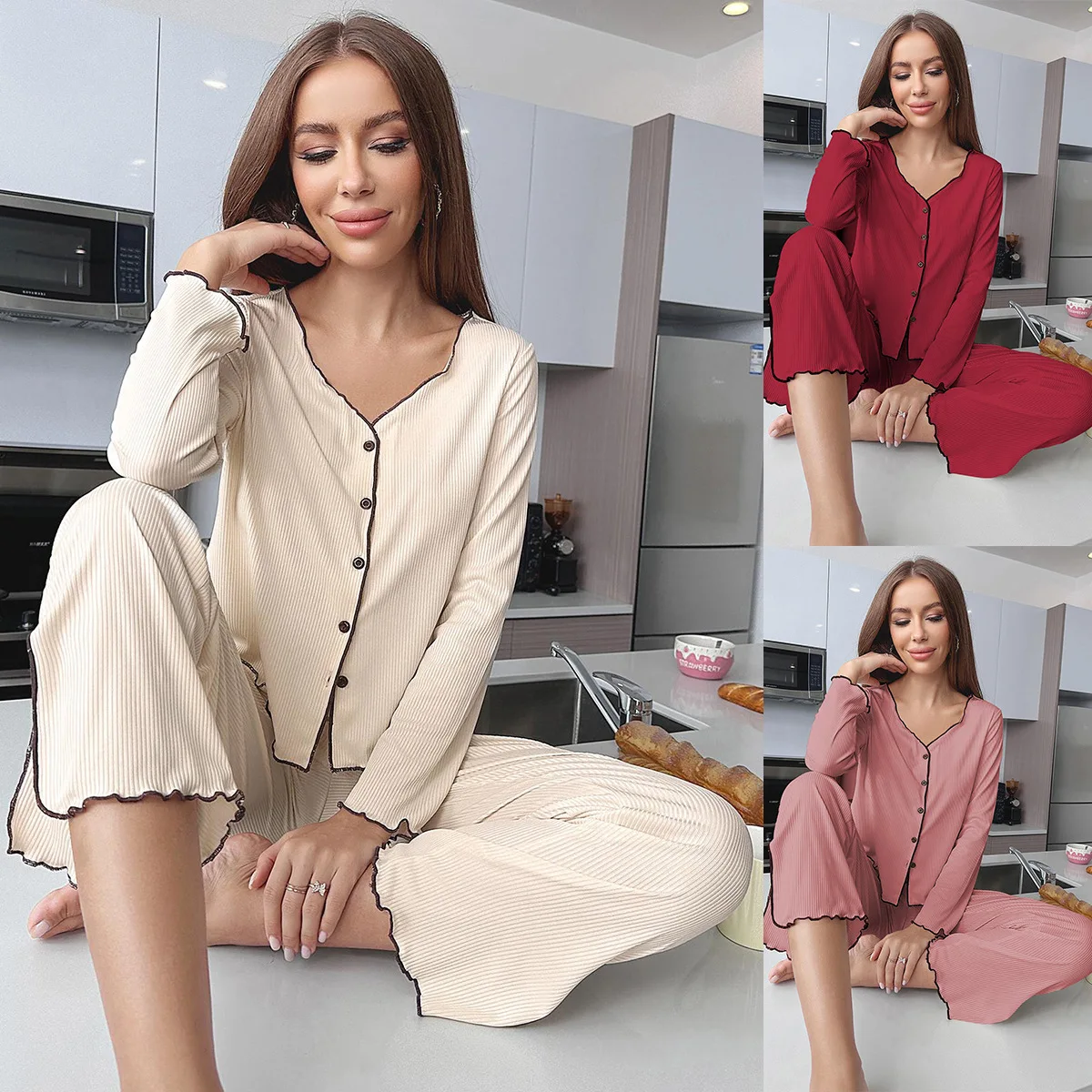 

Europe hot-selling women's pajamas set autumn and winter pit strip cardigan long-sleeved trousers loungewear set