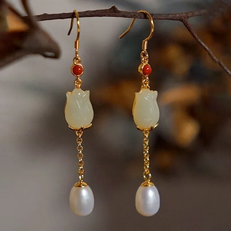 Natural Hotan Jade flowers pearl earrings for women vintage Ancient gold craft luxury Court style long Eardrop Hanfu jewelry