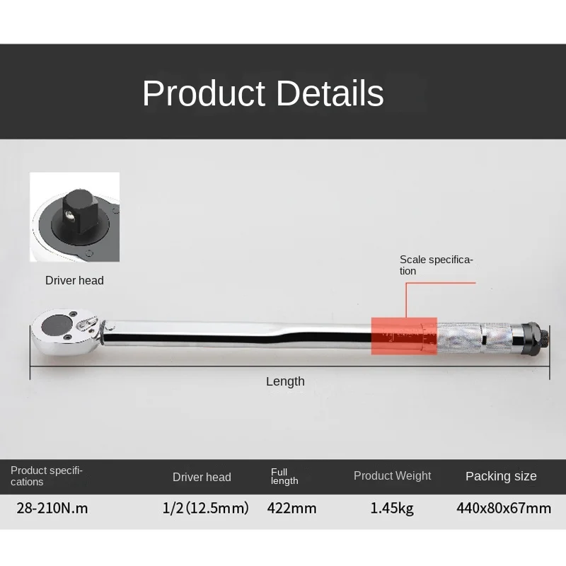 Multifunctional 1/2 torque tool Adjustable 45-tooth precision ratchet hand-held disassembly tool Torque range: 28-210