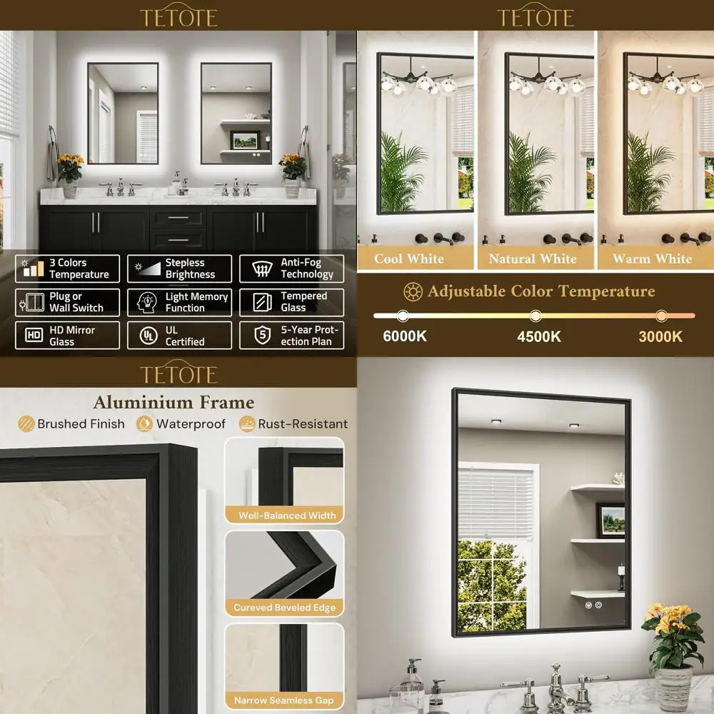 

Зеркало для ванной 24x32 с LED-подсветкой, матовым черным металлическим корпусом, 3-цветным светом и функцией пошагового диммирования