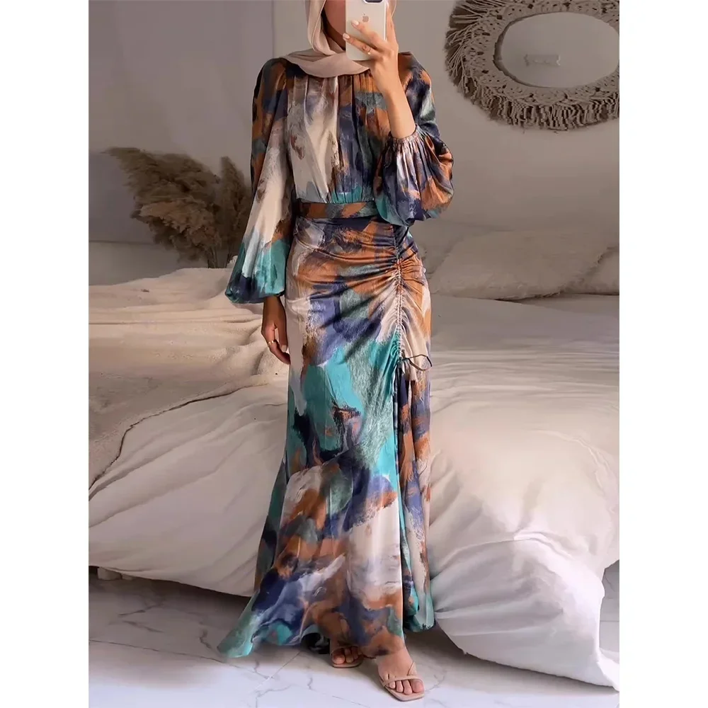 Eid Arab Muslim Party Dress for Women Abaya Print Jalabiya Long Dresses Morocco Kaftan Vestidos Dubai Ramadan Gown Robe 2024