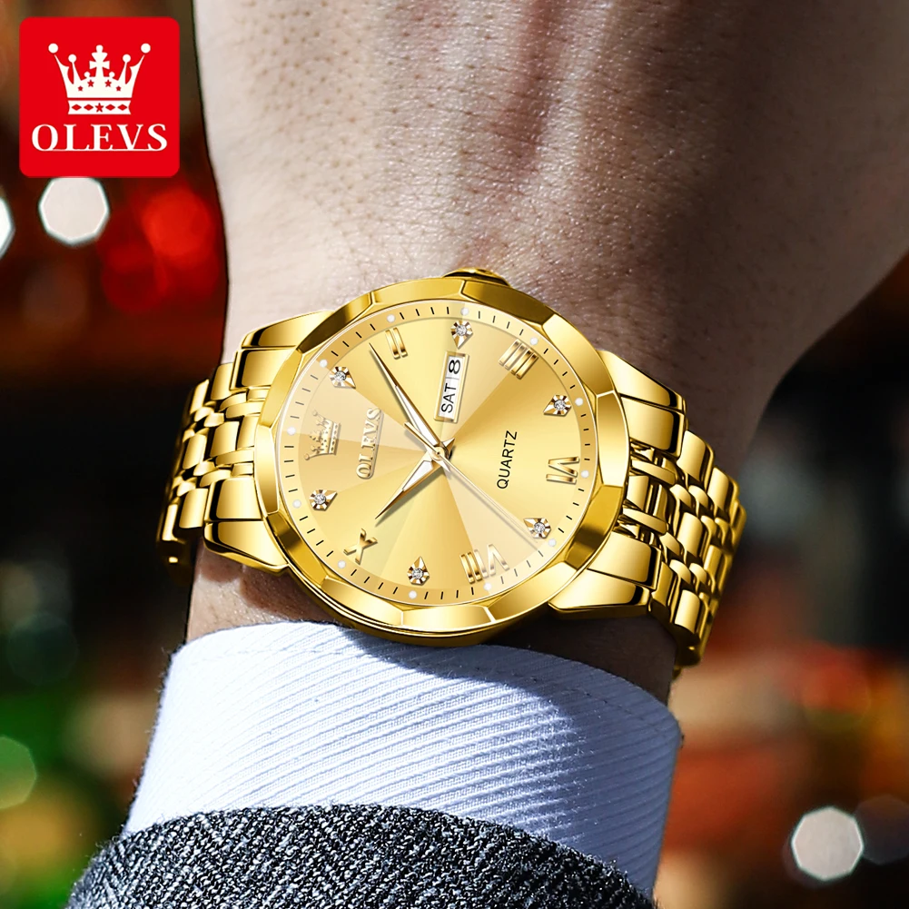 OLEVS Top Brand Mens Watches Original Quartz Wristwatch Waterproof Luminous Watch for Male Rhombus Mirror Date Week Luxury Dress