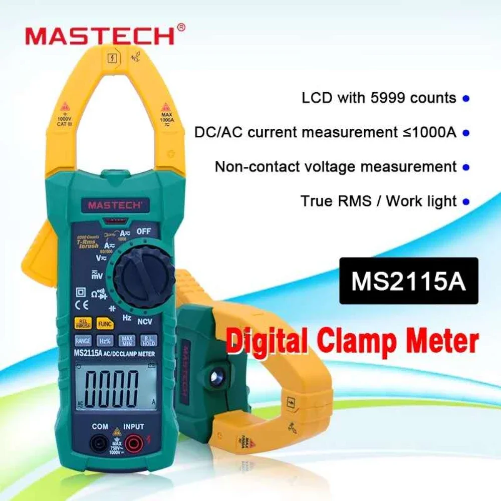 Imagem -03 - Mastech Digital Clamp Meter True Rms Multímetro ac dc Tensão Current Tester Inrush e Ncv Medição 6000 Contagens Ms2115a