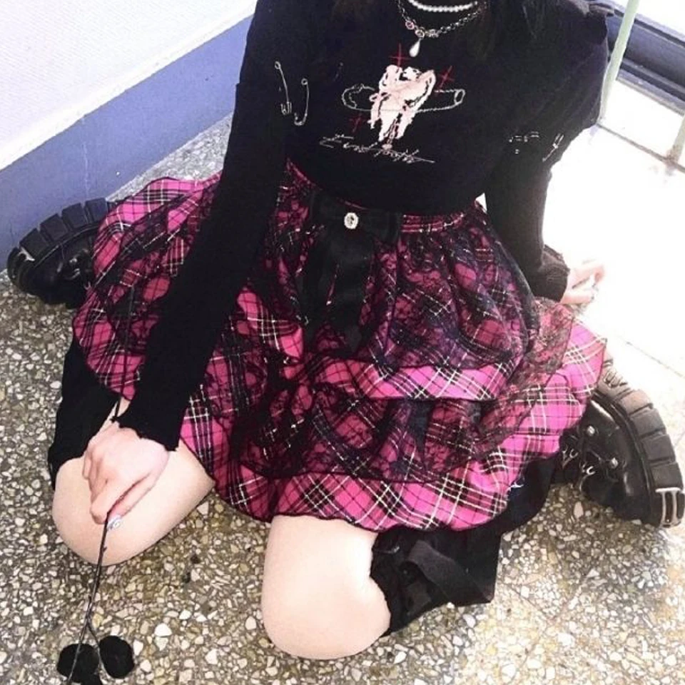 Harajuku Striped Print Y2K Kuchen Mini Rock Gothic Japanischen Stil Spitze Punk Ballkleid Kawaii Röcke Schule Casual Party Skater