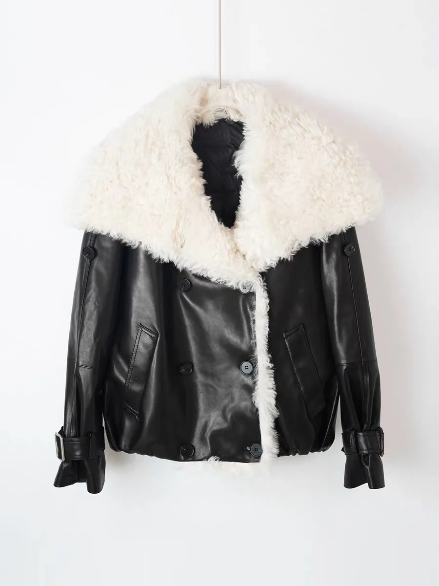 Cappotti e giacche invernali da donna 2025 Giacca in vera pelle femminile con ampio risvolto in lana Elegante cappotto corto caldo da moto con