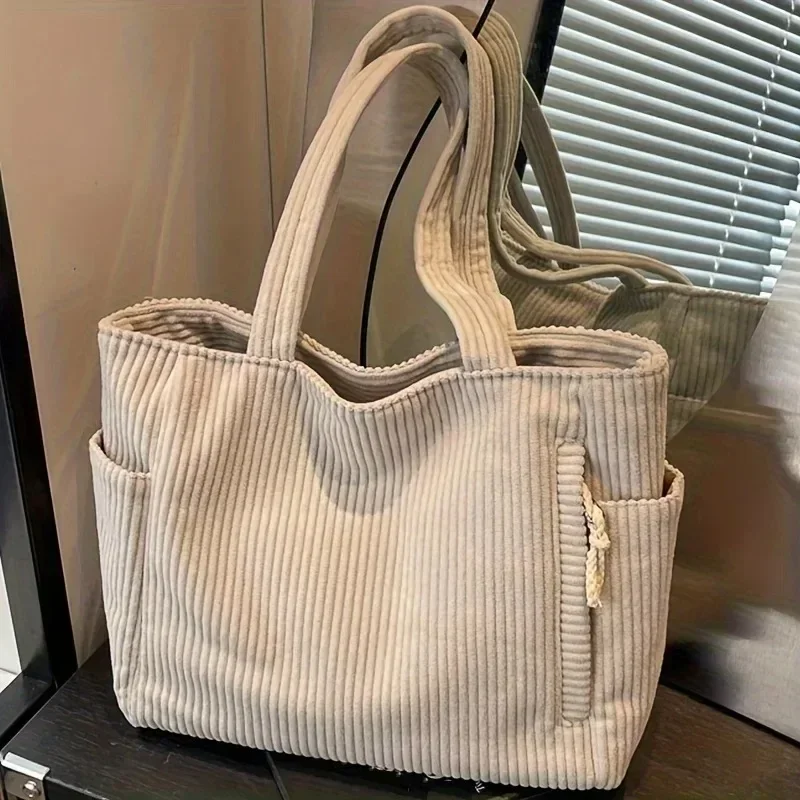

Casual Corduroy Handbag with Zipper Closure Light and Large Capacity Fixed Shoulder Strap Solid Color Daily Commuter Handbag