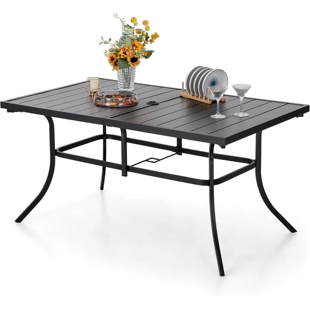 

Outdoor Metal Steel Slat Dining Rectangle Table with Adjustable Umbrella Hole, Weather-Resistant for Patio Outdoor Use, Black